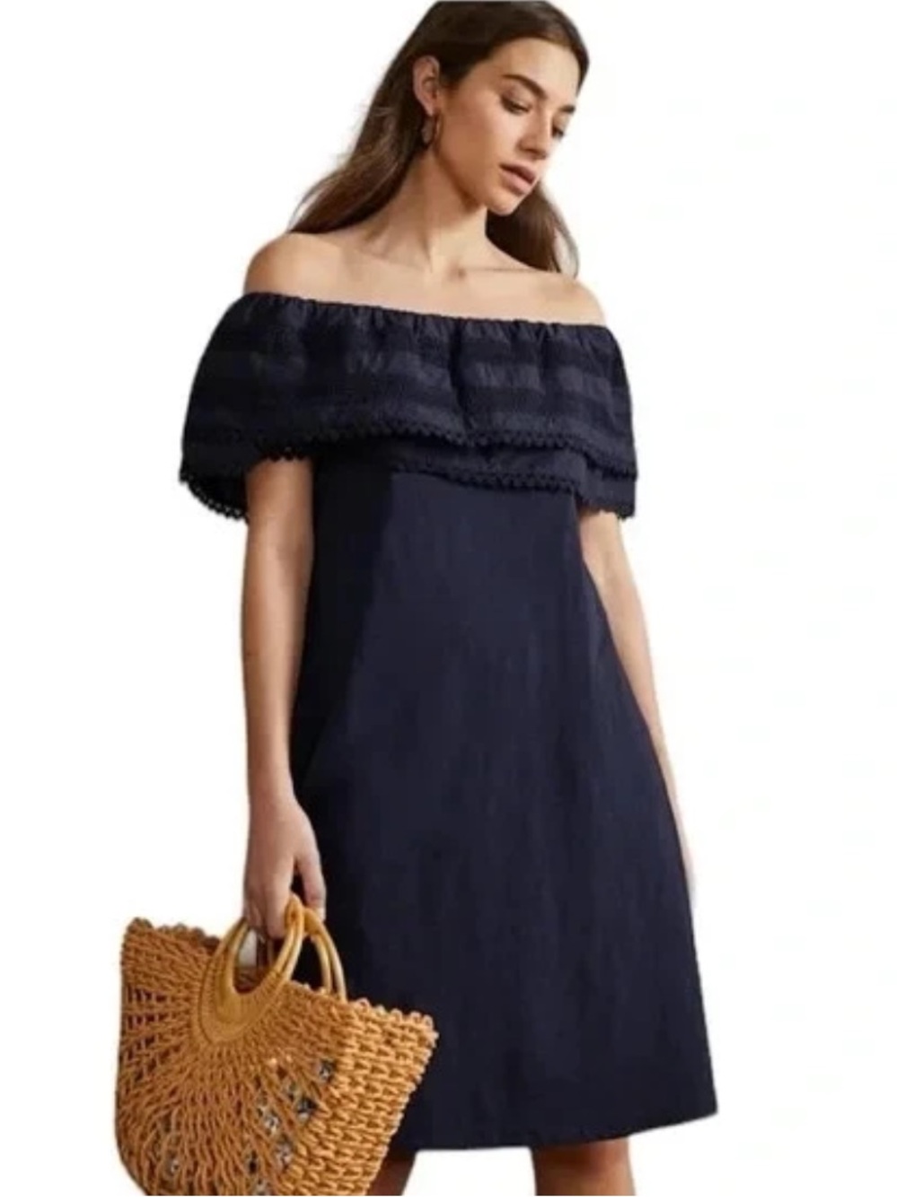 Boden Dress Women's Size 6R Off The Shoulder Ruffle Collar Navy Blue Cotton Lace